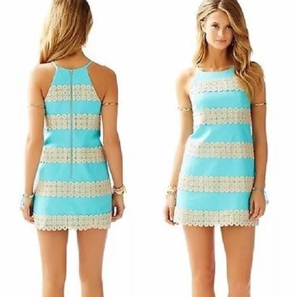 Lilly Pulitzer Annabelle Shift Shorely Blue Gold Lace Dress Size 4 - Picture 4 of 14